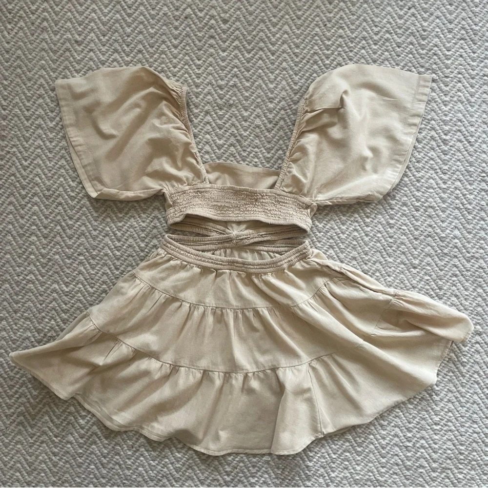 Free People Dress Womens S/P Beige Cross Of Sunlight Mini Boho Square Neck - Picture 9 of 11